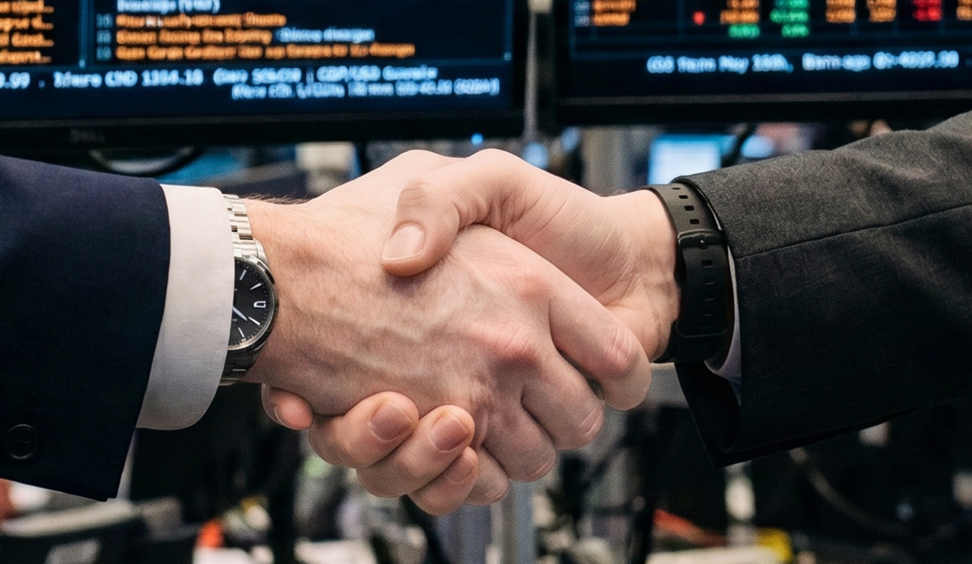 Two investment professionals shaking hands in front of trading screens